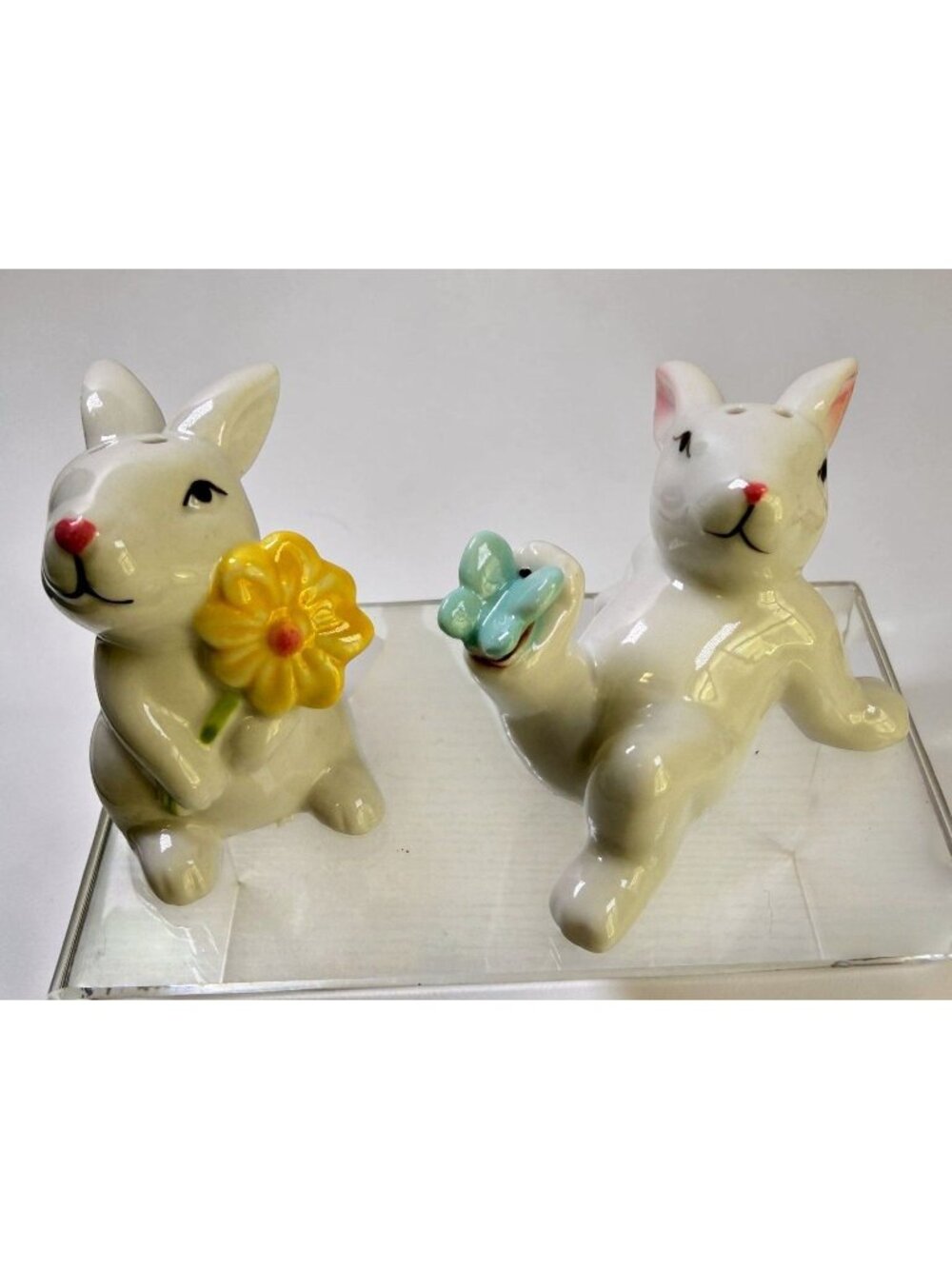 White Easter Bunny Rabbit Salt & Pepper Shakers Ceramic Flower Butterfly Spring